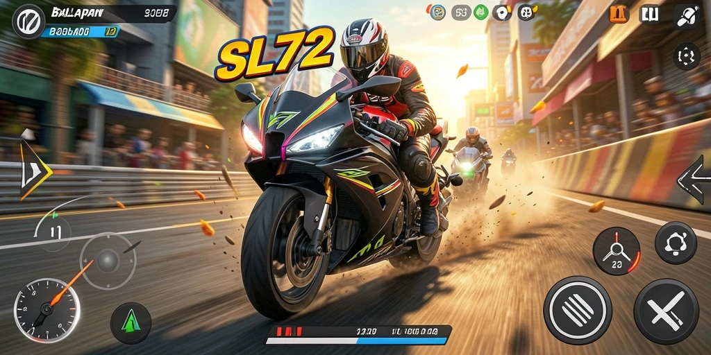 Tampilan gameplay SL72 saat balapan motor yang mendebarkan.
